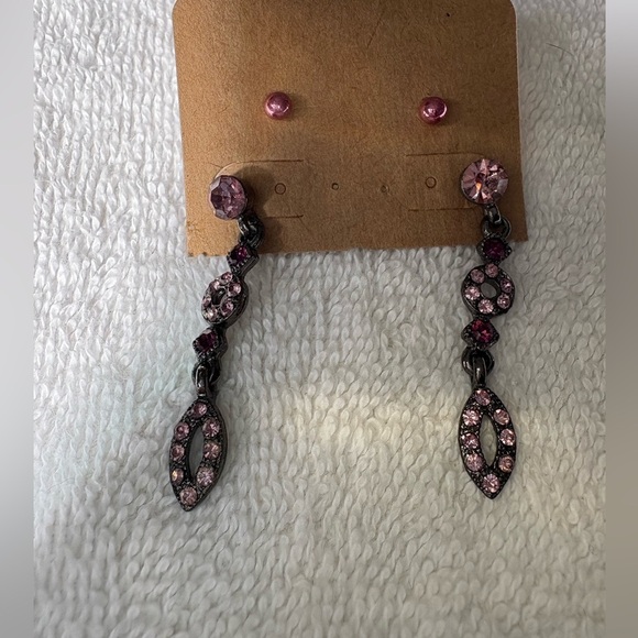 2 Pair Bundle: Dainty Pink Studs & Dangle Rhinestone Earrings Set - Picture 4 of 7